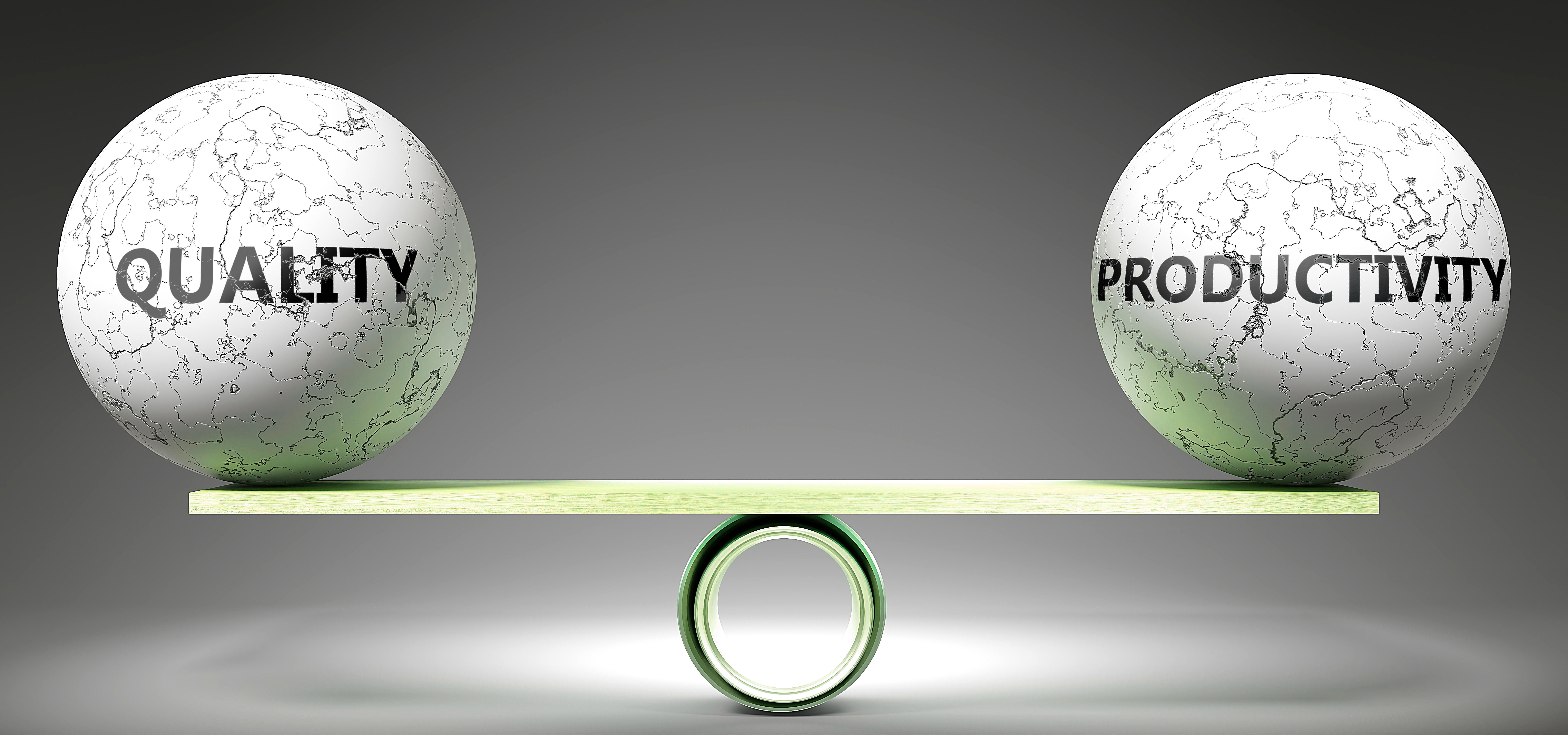 A white ball reading Quality balancing on the left side of a board on a cylinder with a duplicate ball reading Productivity balanced on the right.