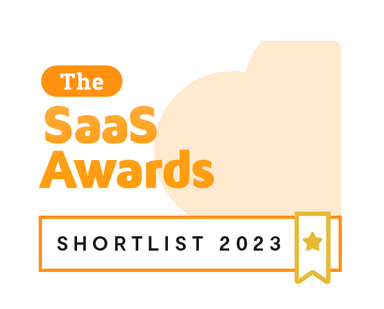 The SaaS Awards logo in orange on a white background with the words shortlist 2023 in black. 